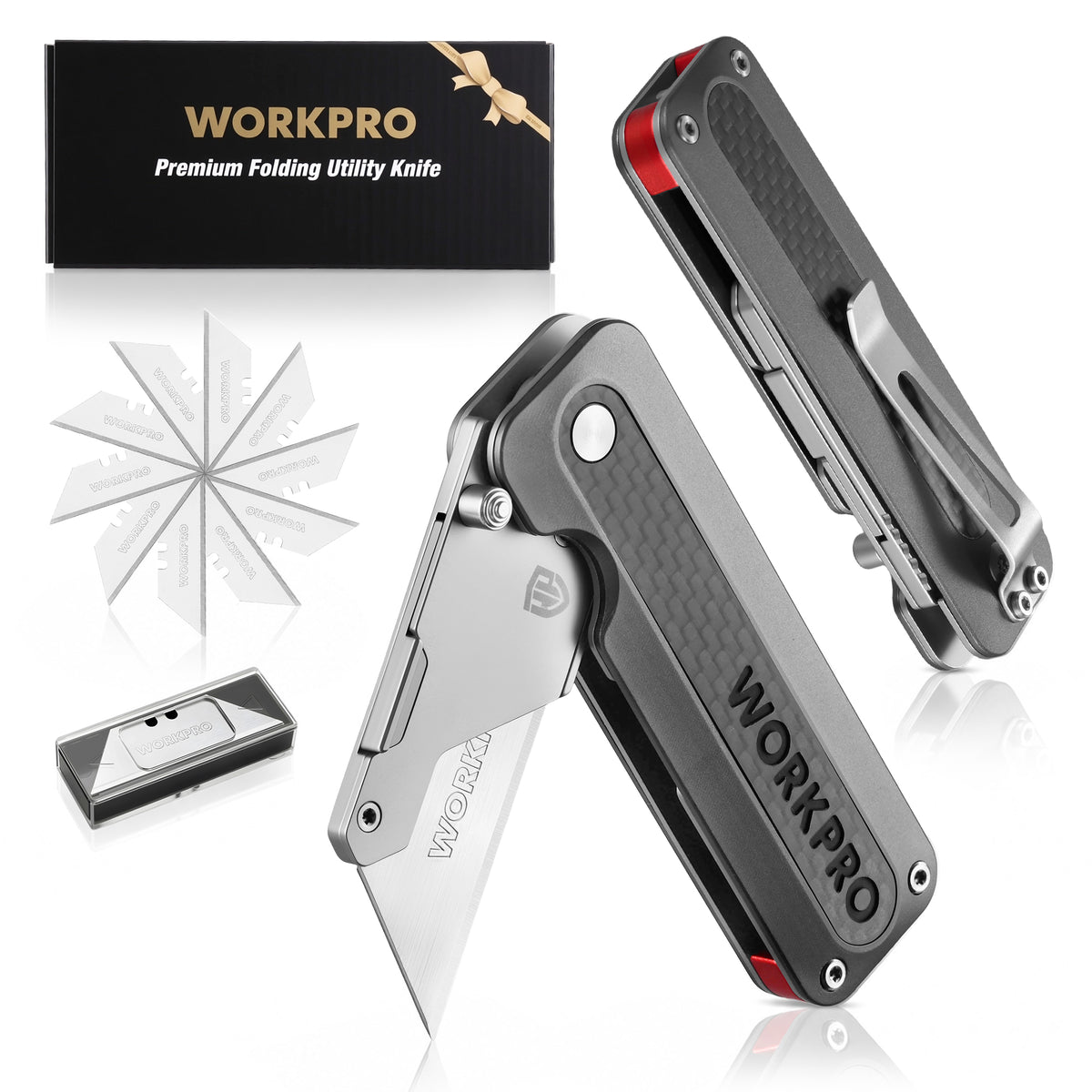 Workpro utility knife with CNC unibody, aluminium handle, and carbon fiber inlay, foldable for cardboard and carpet.