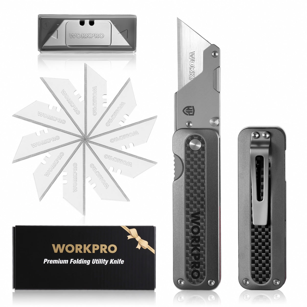 Workpro utility knife with CNC unibody, aluminium handle and carbon fiber inlay, foldable for cutting cardboard and rope.