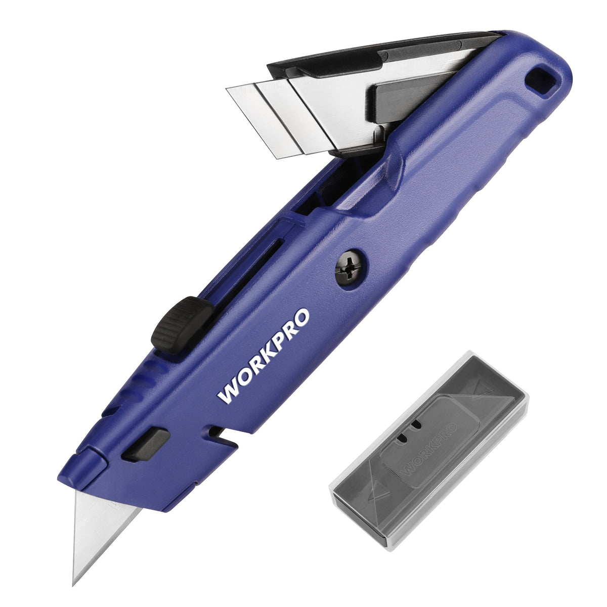Blue retractable box cutter utility knife with extended blade and safety slider