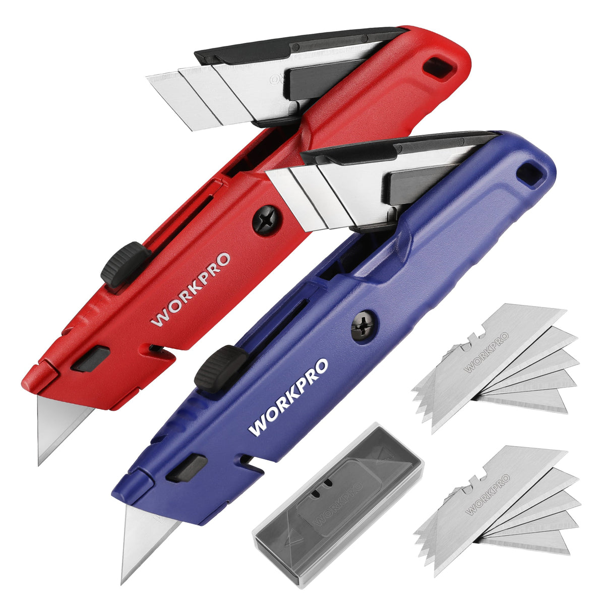 Retractable utility knives in blue and red, each with extended blade and blade holder