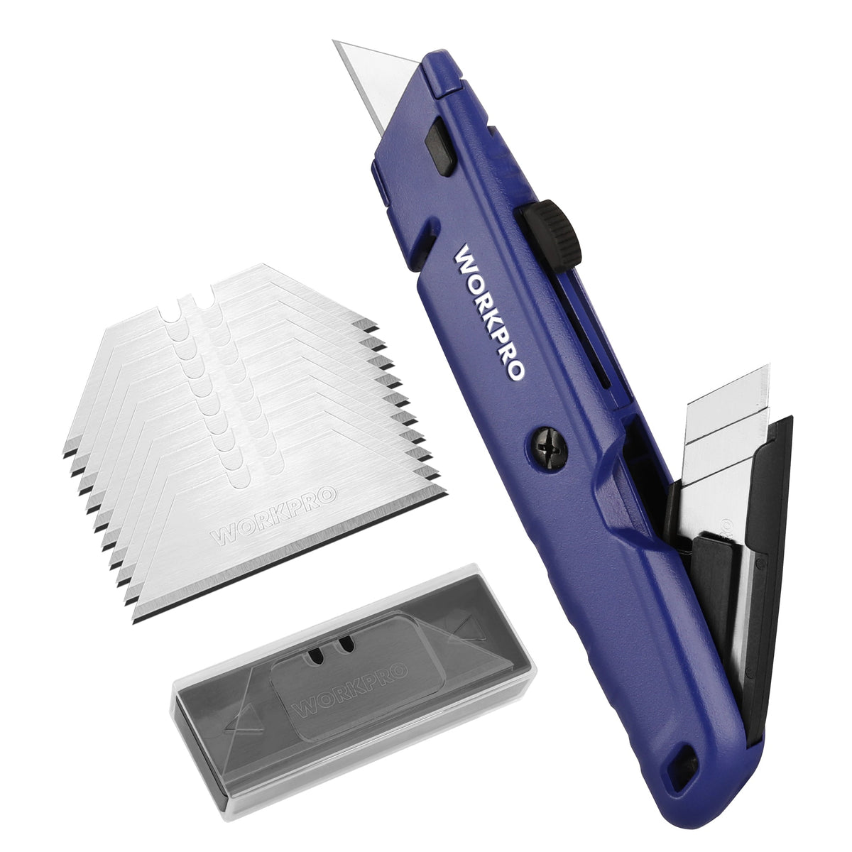 Blue retractable box cutter with zigzag serrated blade and spare blade compartment