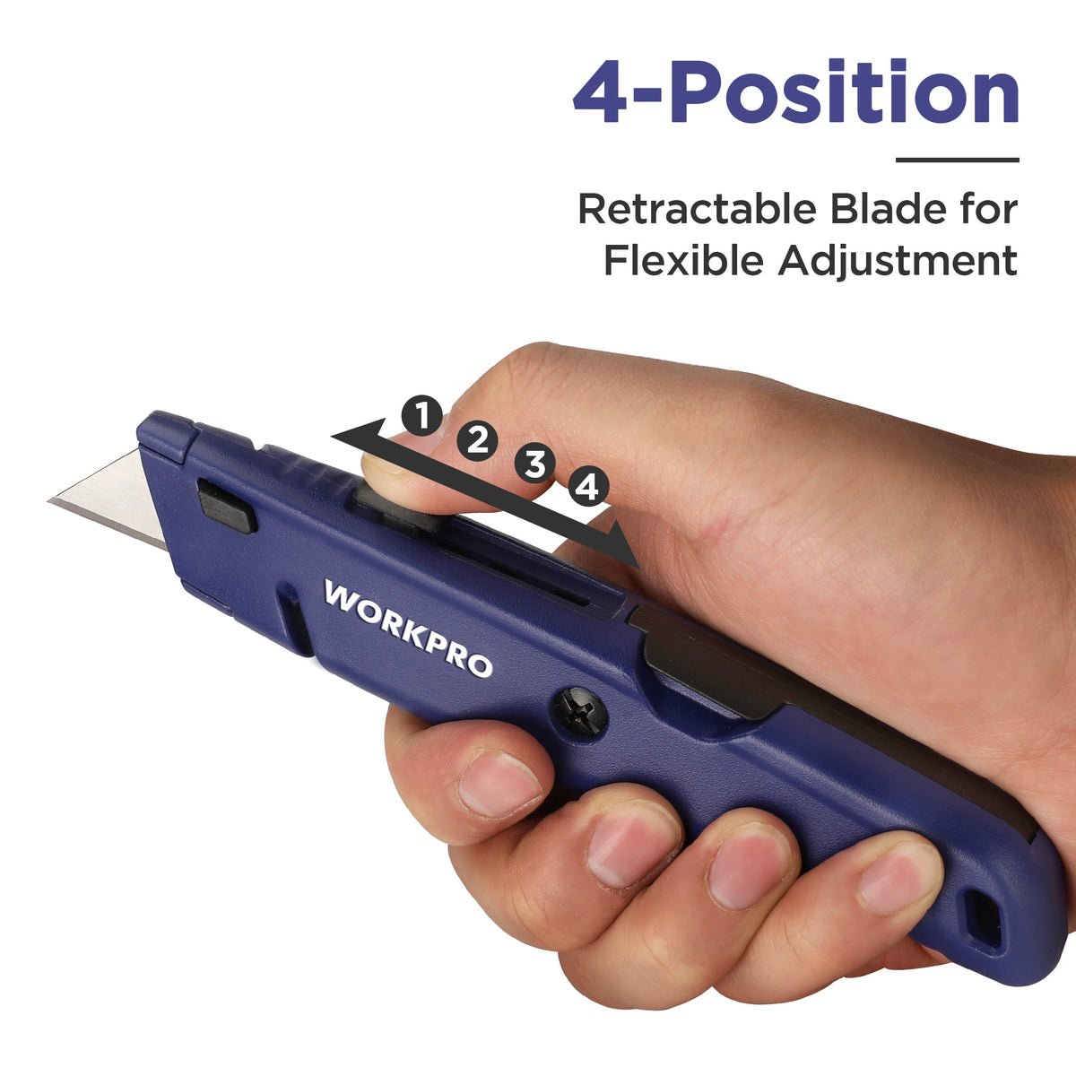 Blue hand-held retractable box cutter showing retracted blade position control