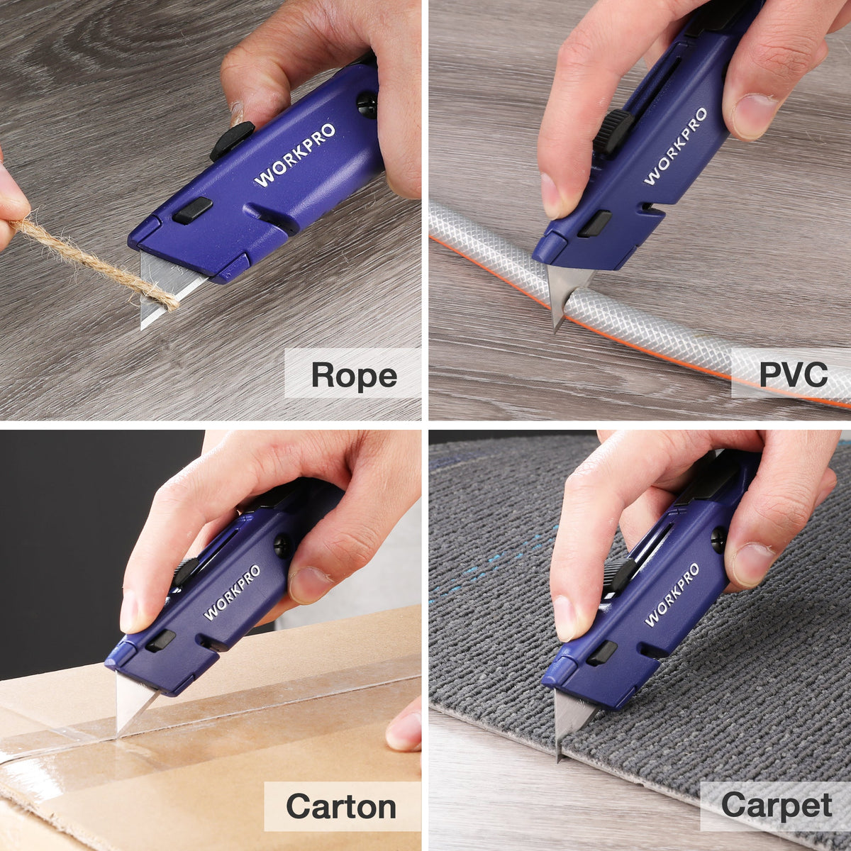 Blue retractable cutter cutting rope, vinyl, cardboard, and carpet in close-up views