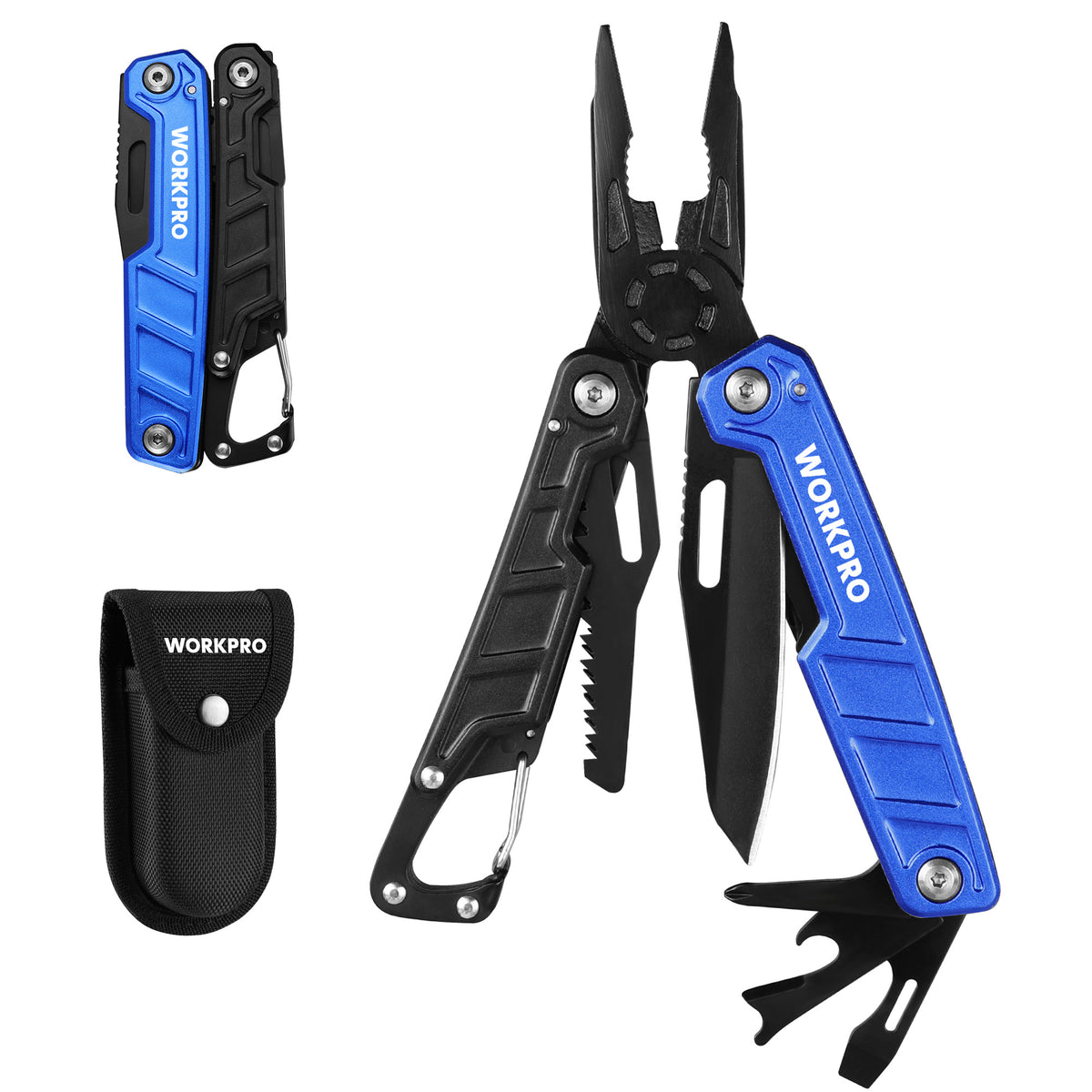 Workpro 11 in 1 camping multi-tool pliers in blue and black with stainless steel construction, integrated knife and saw.