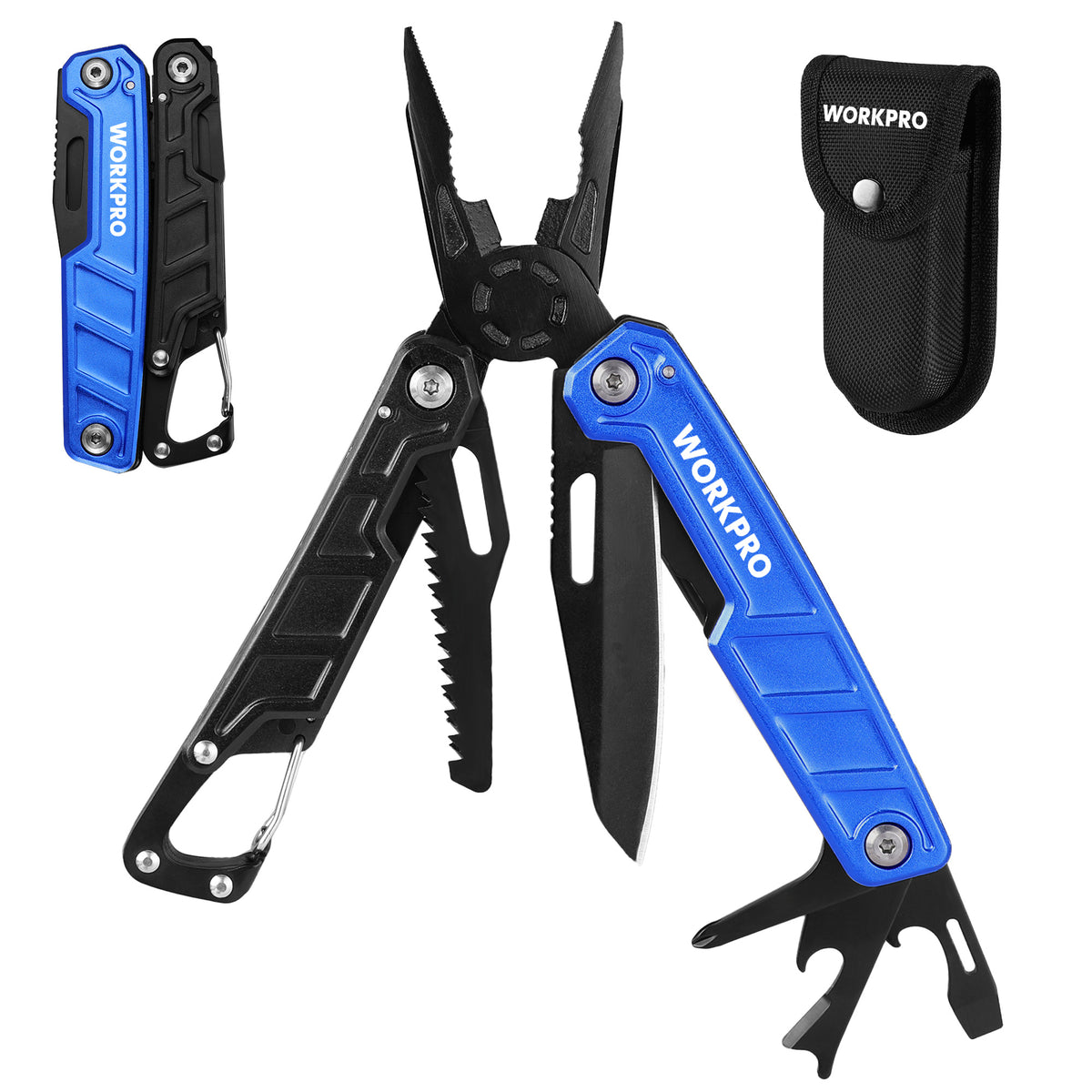 Workpro 11 in 1 camping multitool pliers in blue and black with stainless steel construction and integrated knife and saw