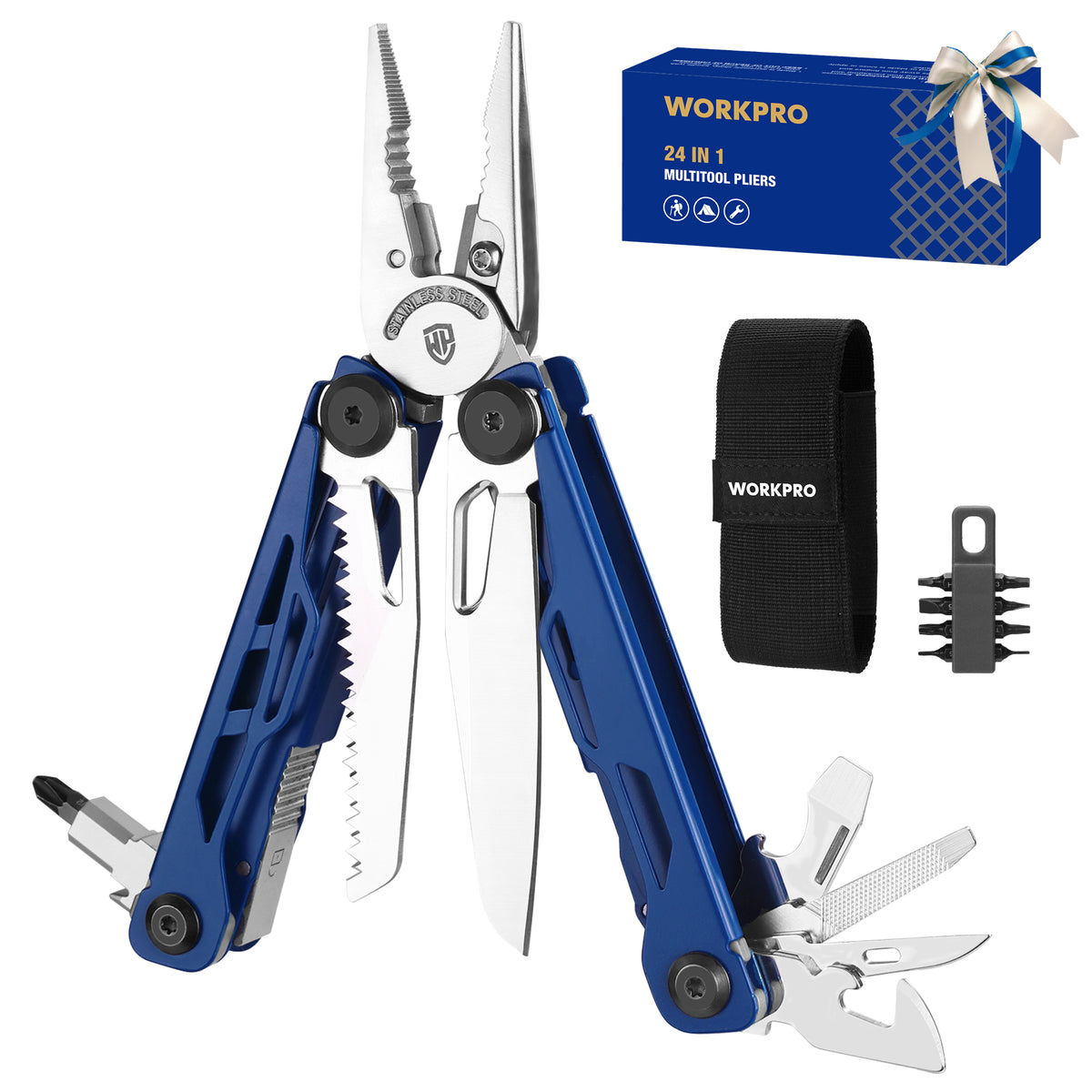 Workpro 24-in-1 multitool pliers in blue with stainless steel handles and a secure locking system for outdoor repairs