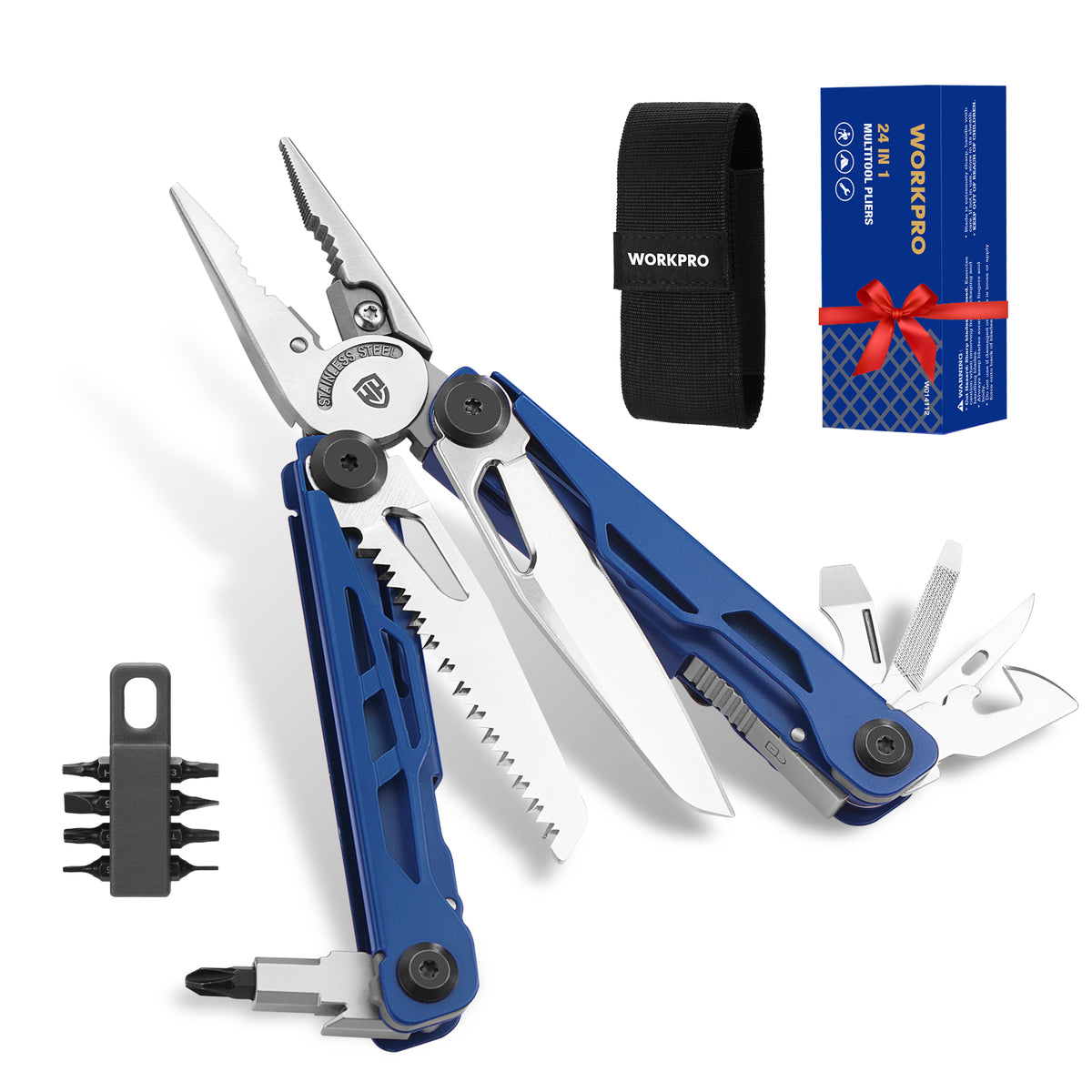 Workpro 24-in-1 multi-tool pliers in blue with side and back locking system for secure handling