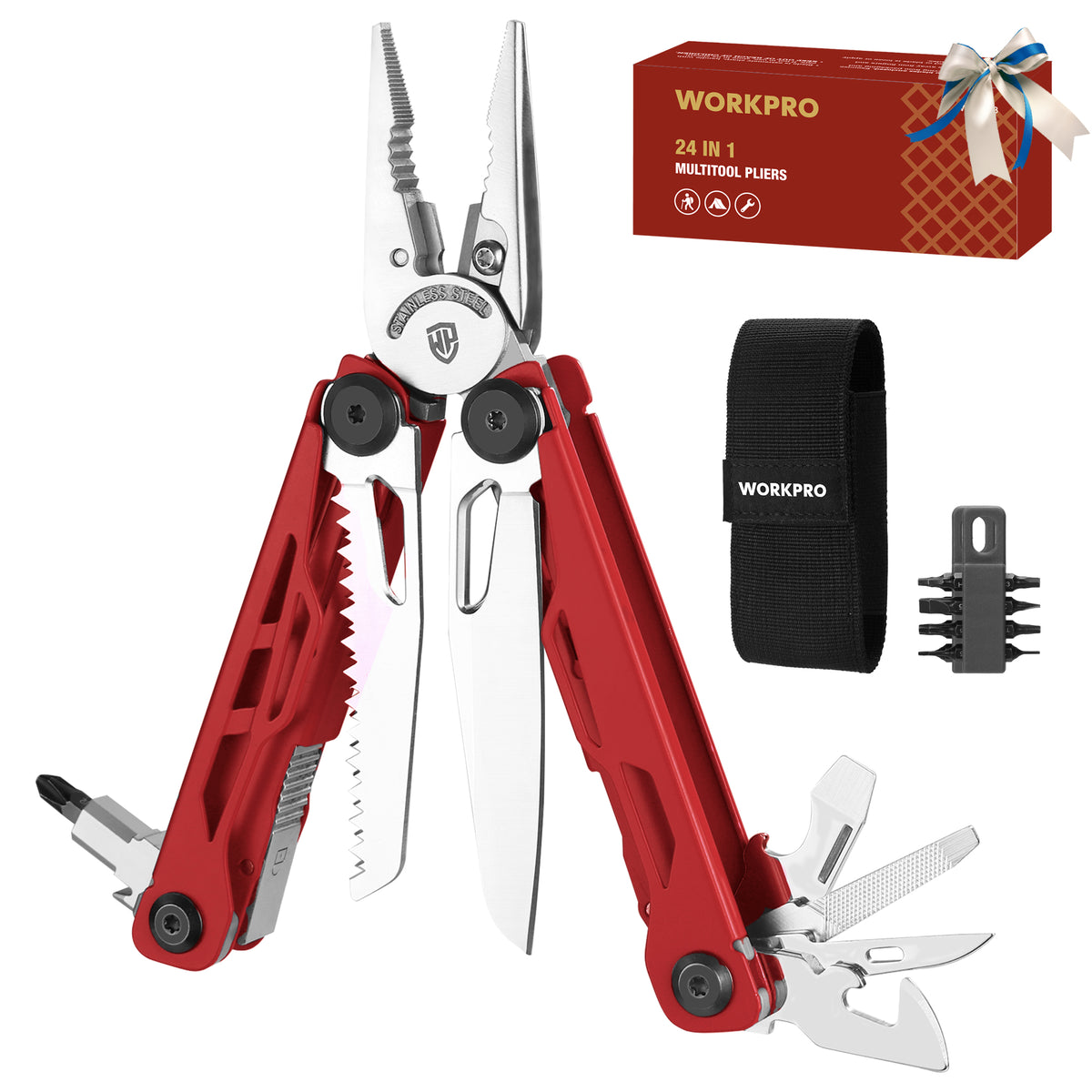 Workpro 24-in-1 multitool pliers in red for home repairs, camping, hiking, fishing, cycling, and emergencies