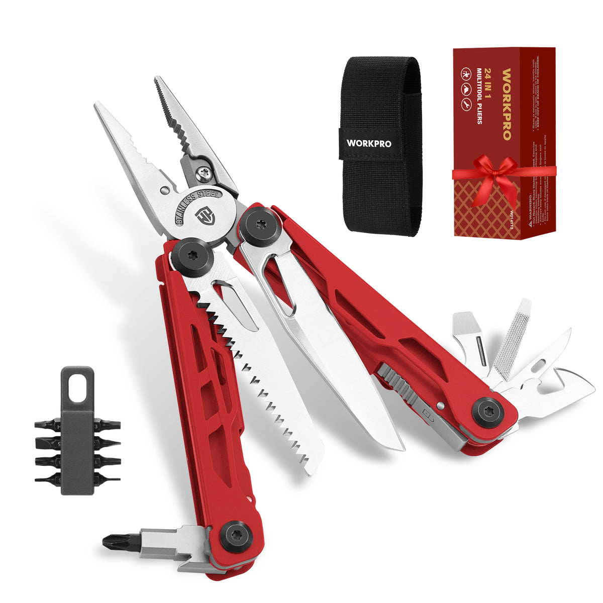 Workpro 24-in-1 red multi-tool pliers with folding blades and tools for home repairs and emergencies