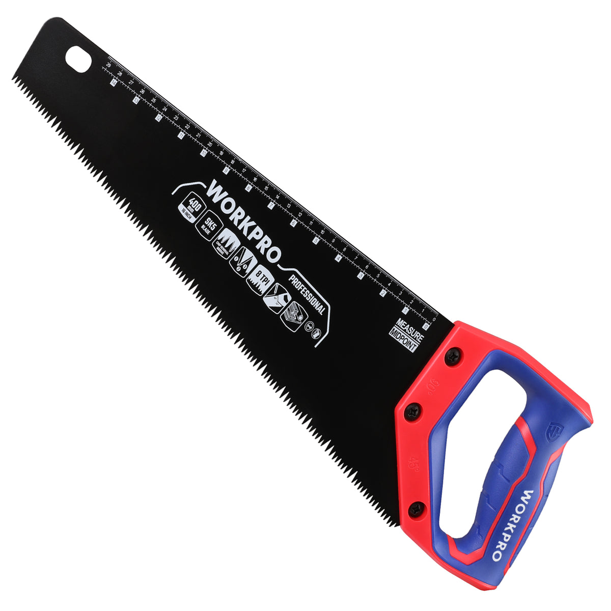 Workpro 16 inch universal handsaw with non-slip handle, black blade, red and blue grip, 90 and 45 degree guides
