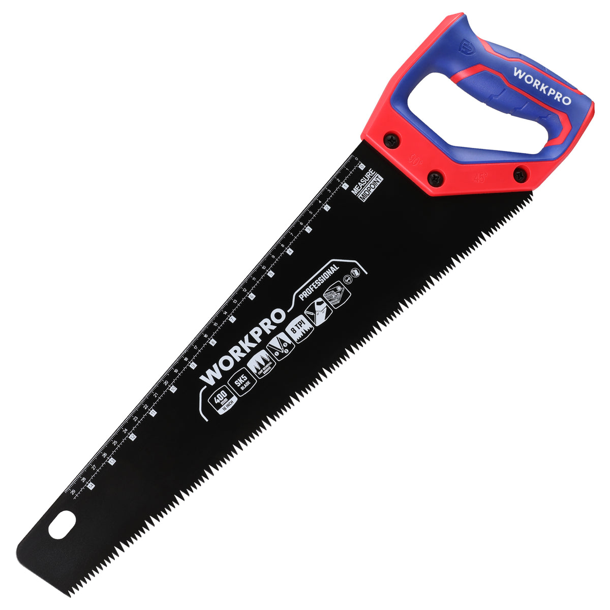 Workpro 16 inch universal handsaw with black blade, red and blue finish, a 45 degree line guide for wood cutting