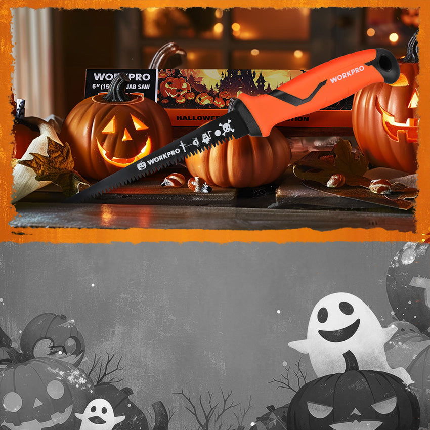 Orange handled pruning saw with a black toothed blade displayed among carved pumpkins and Halloween decorations