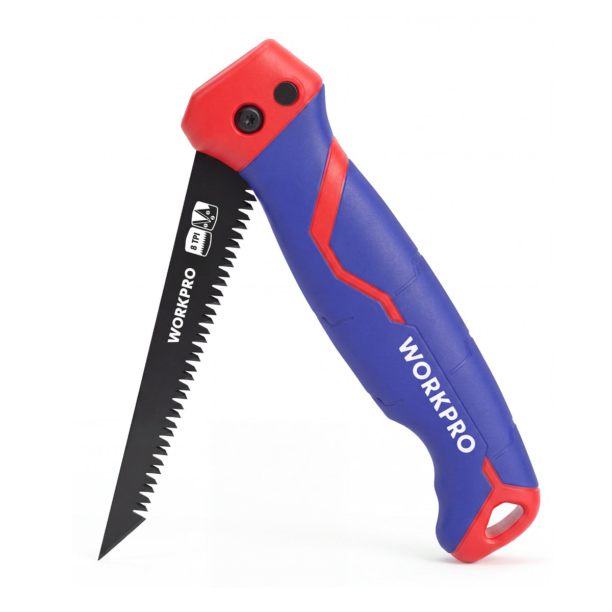 Workpro 5-inch folding drywall saw with red and blue dual-material ergonomic handle and lock-back blade mechanism