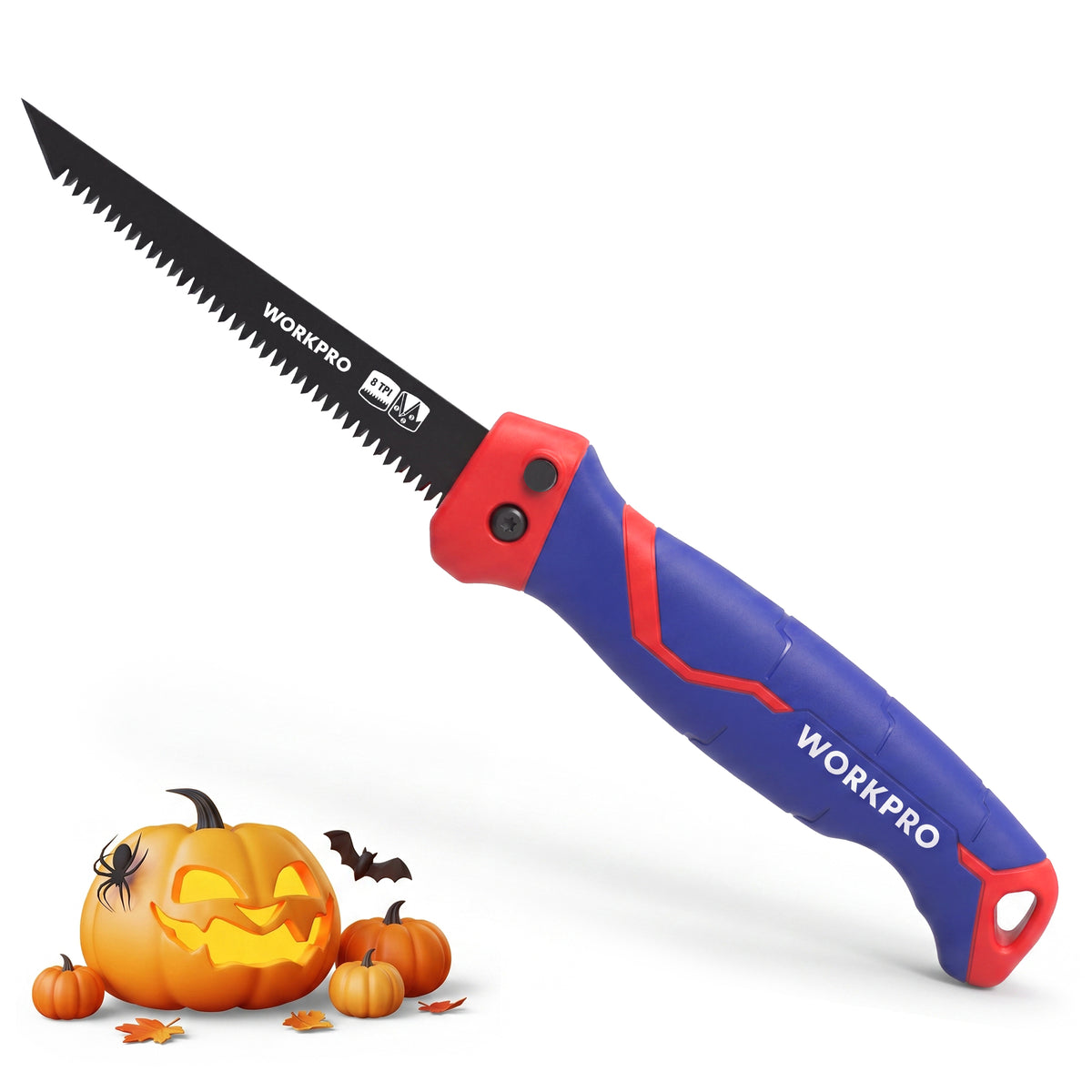 Workpro 5 inch folding drywall saw in red and blue with dual-material ergonomic handle and non-slip grip