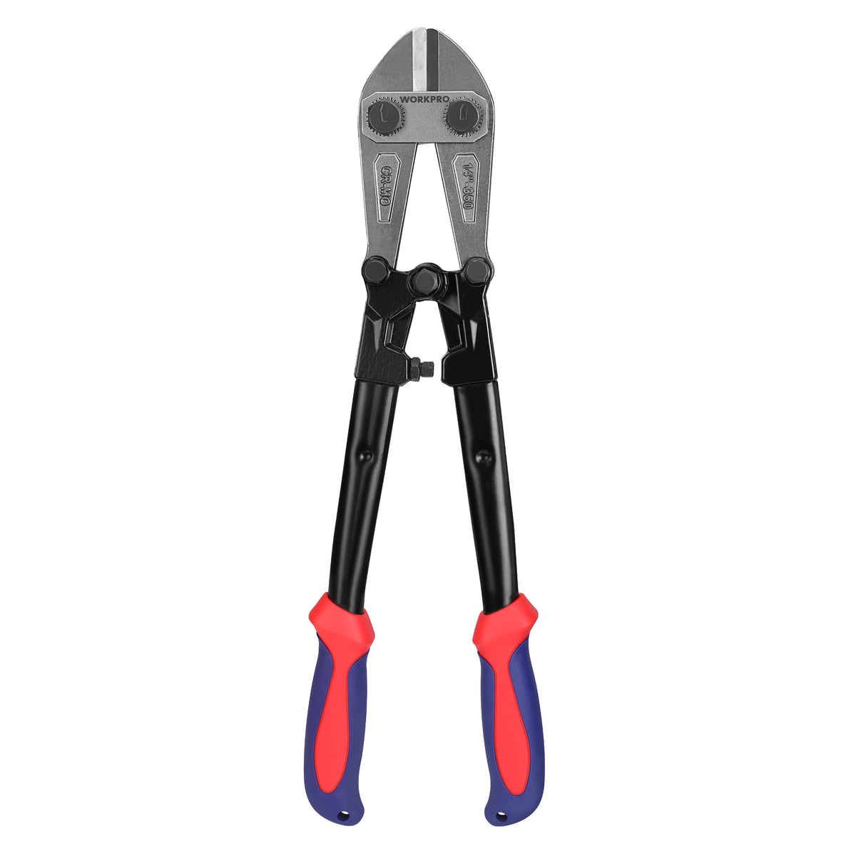 Workpro 14 inch bolt cutter in red and blue with precisely aligned blades and a lever fulcrum design.