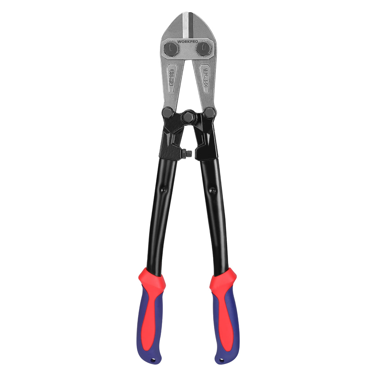 Workpro bolt cutter with bi-material handle, red and blue grips, cuts bolts and rods up to 8 mm.