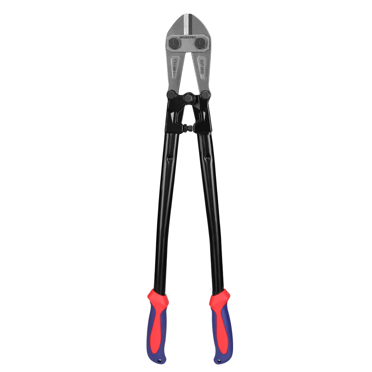 Workpro bolt cutter with bi-material handle, red and blue finish, drop-forged jaws for up to 10 mm steel rated HRC under 25.
