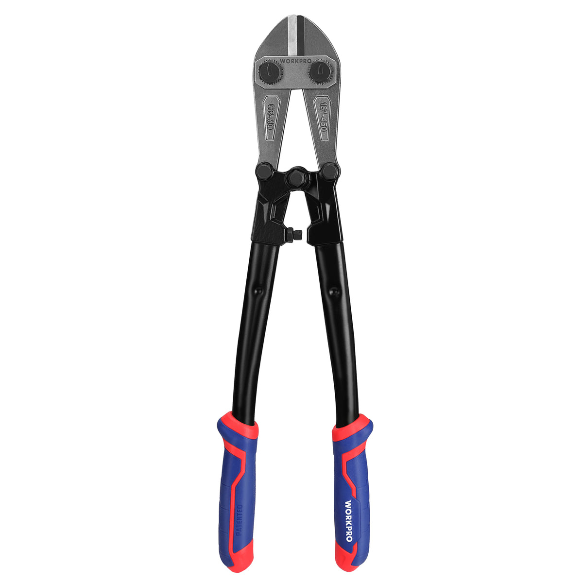Workpro 18 inch bolt cutter with black, blue and red handles and an 8 millimeter maximum opening