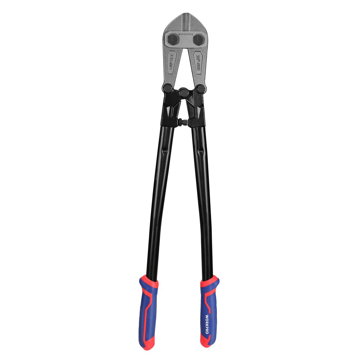 Workpro 24 inch bolt cutter with blue and red grips and adjustable minimum-opening screw for cutting.