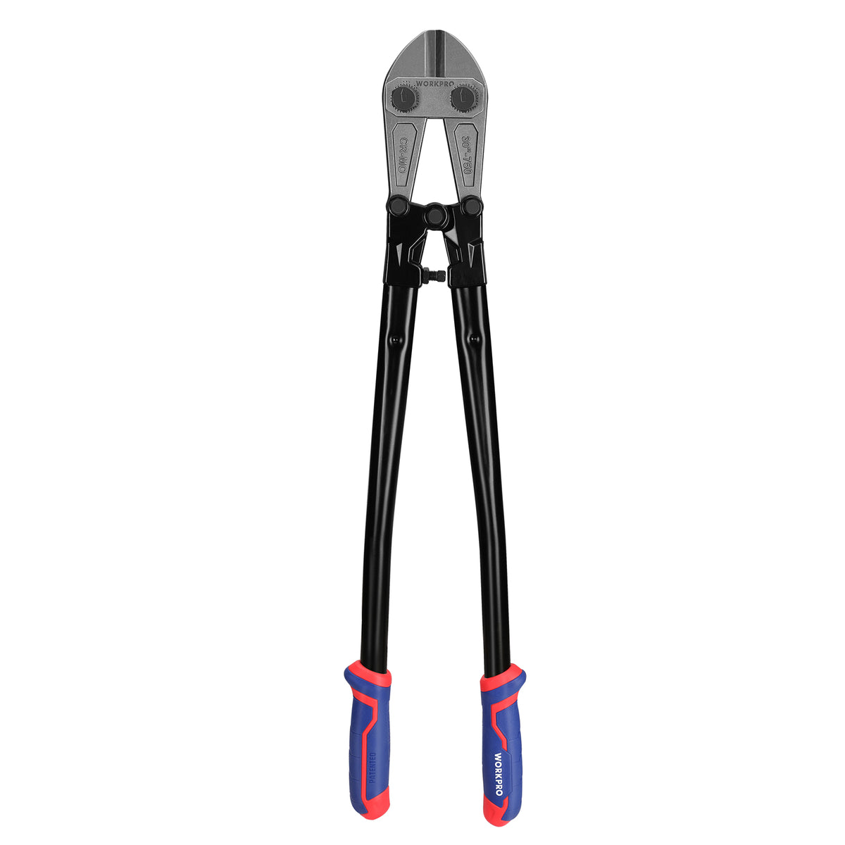 Workpro 30 inch bolt cutter with black shafts, blue and red handles, and an adjustable minimum-opening screw.
