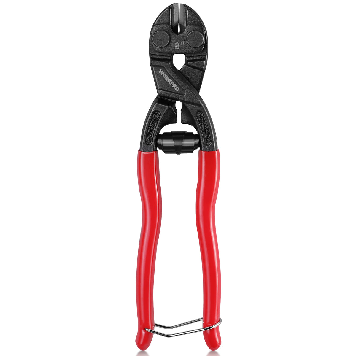 Workpro 8 inch mini bolt cutter with red handles for industrial, home improvement, repair, and disassembly tasks.
