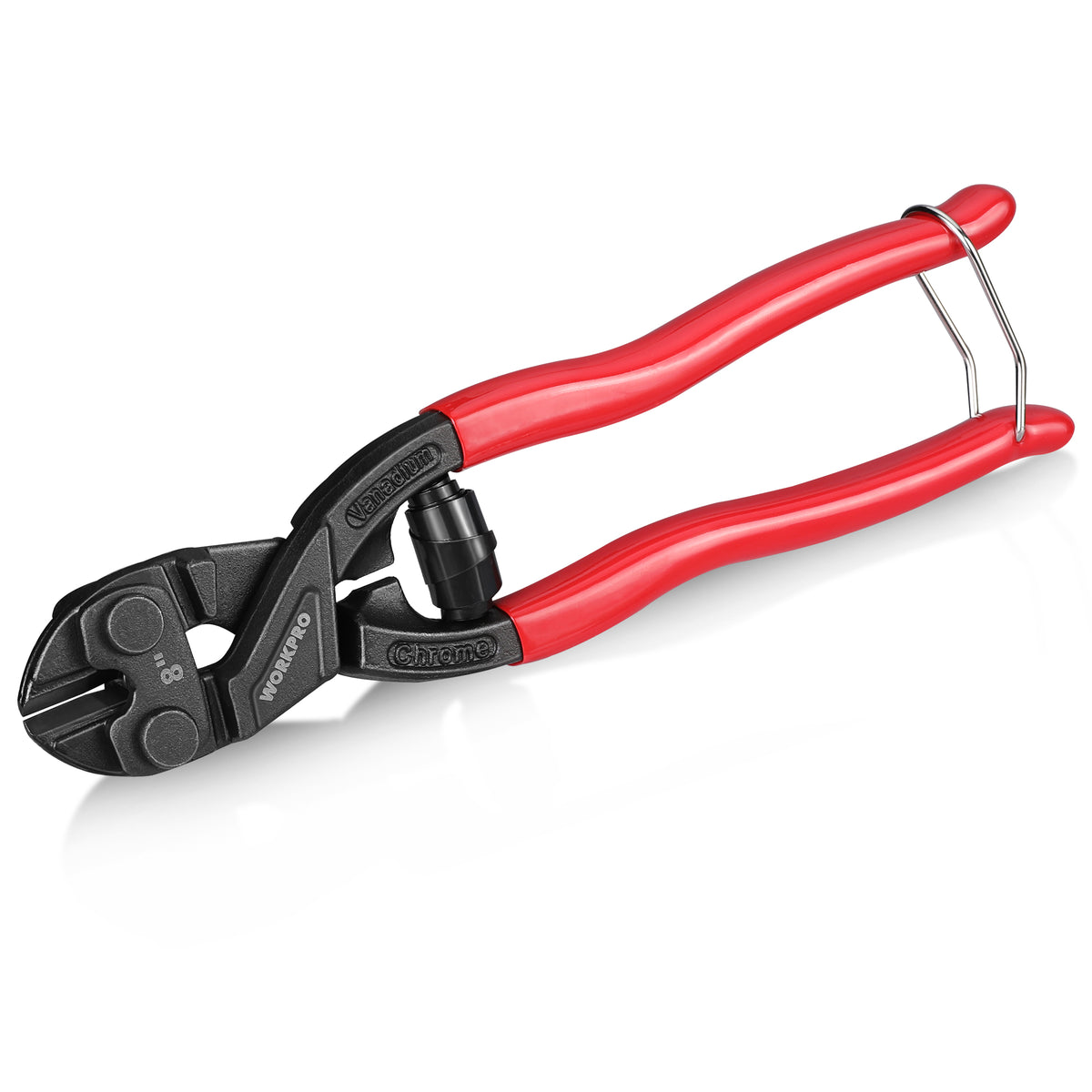 Workpro 8 inch mini bolt cutter in red and black with 6 mm maximum cutting capacity for materials up to HRC 20