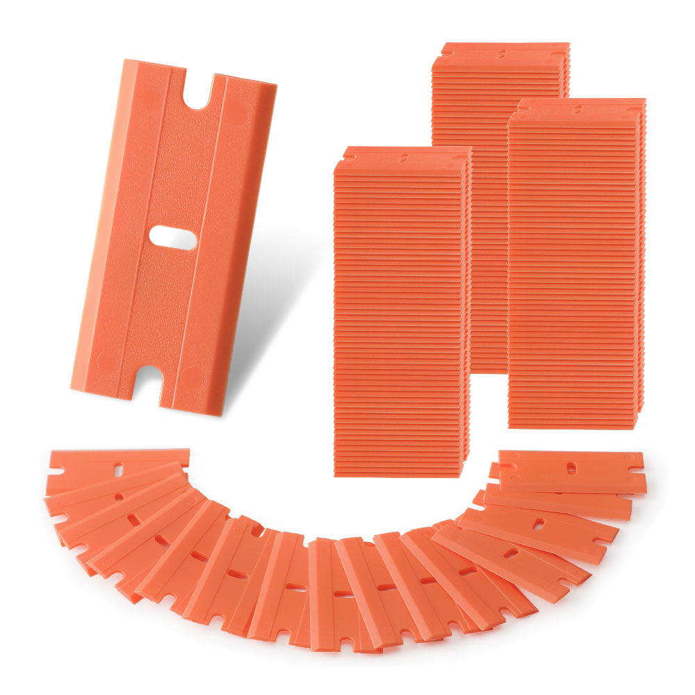 Workpro 200 pack plastic razor blades in orange, shown in a curved arrangement with 1.5 inch by 0.7 inch dimensions.