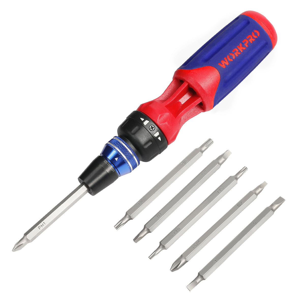 Workpro 12-in-1 ratcheting multi-bit screwdriver in blue and red with 1/4 inch hex shank bits for home repair.