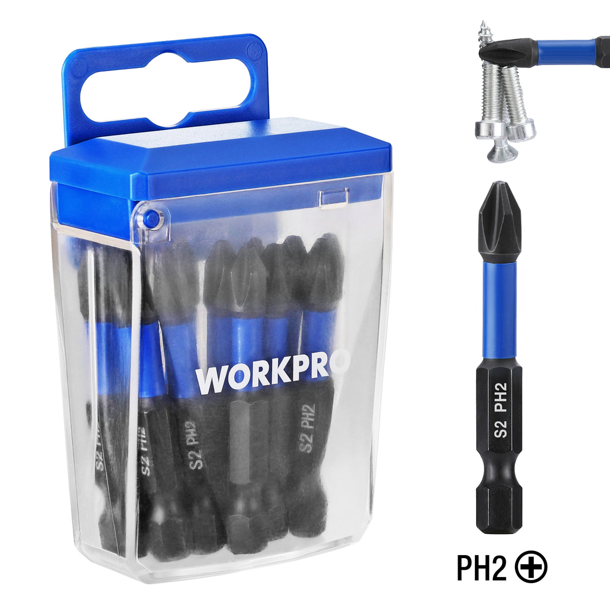 Workpro 12 piece PH2 impact Phillips screwdriver bit set in blue and black for impact drivers and home repairs.