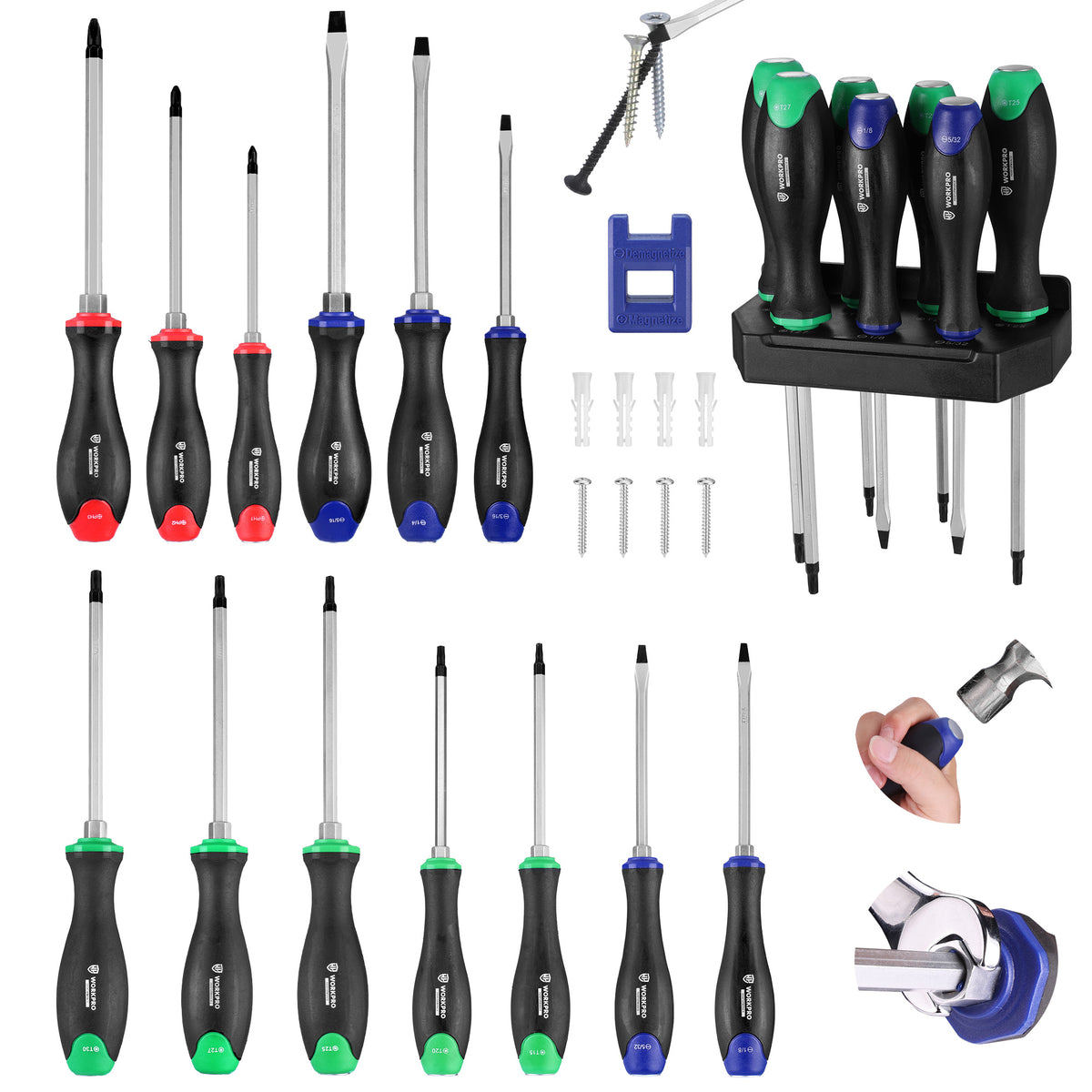 WORKPRO Magnetic Screwdriver Set 24-Piece in black with innovation, quality, secure magnetizer, and wall mount rack