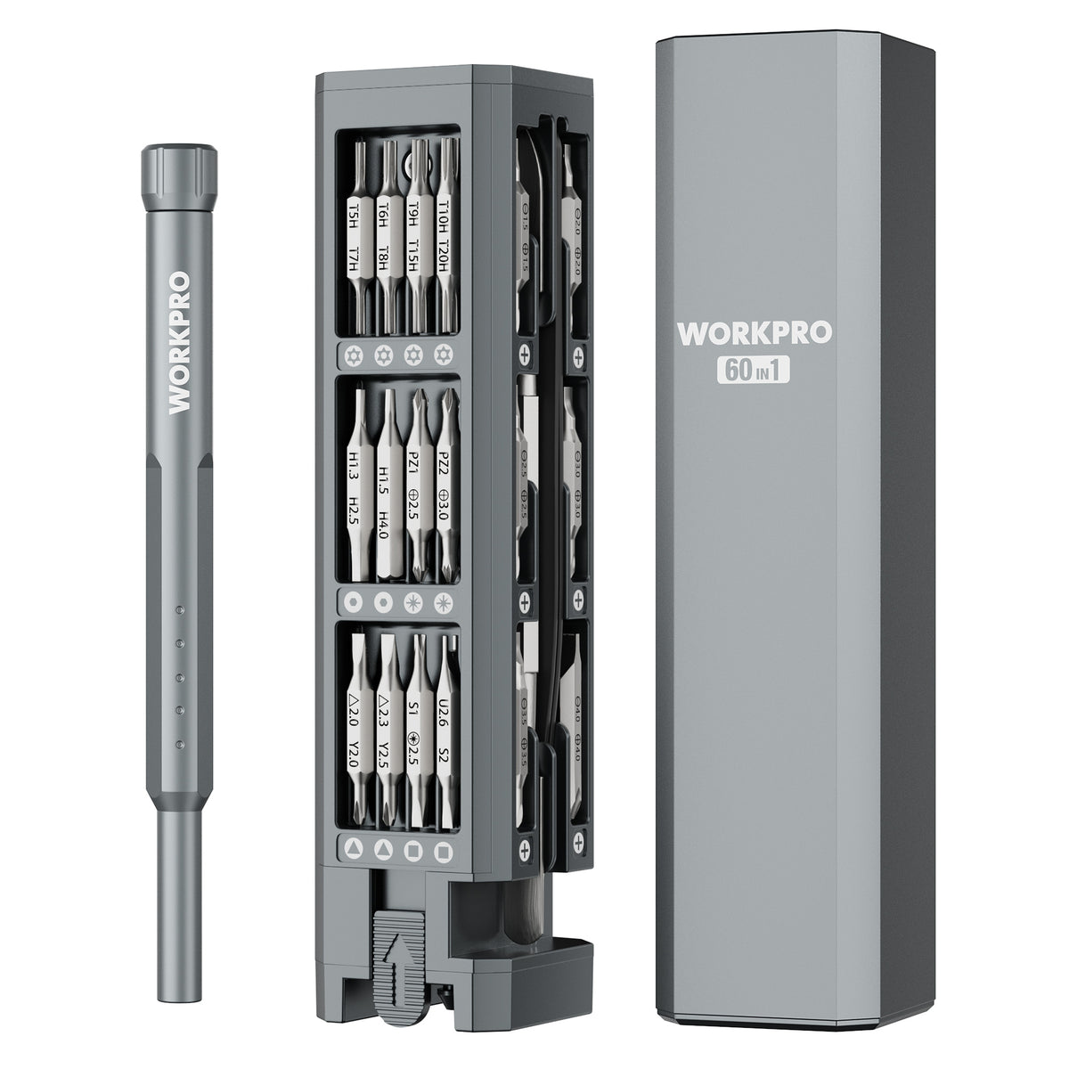 Workpro 60-in-1 precision screwdriver set with pop-up magnetic case, gray finish and chrome vanadium steel bits