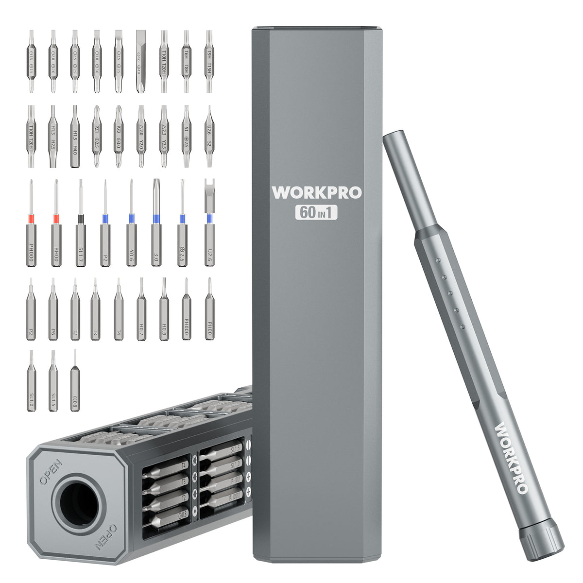 Workpro 60-in-1 precision screwdriver set in gray with an anodized aluminum alloy handle and visible interchangeable drivers.