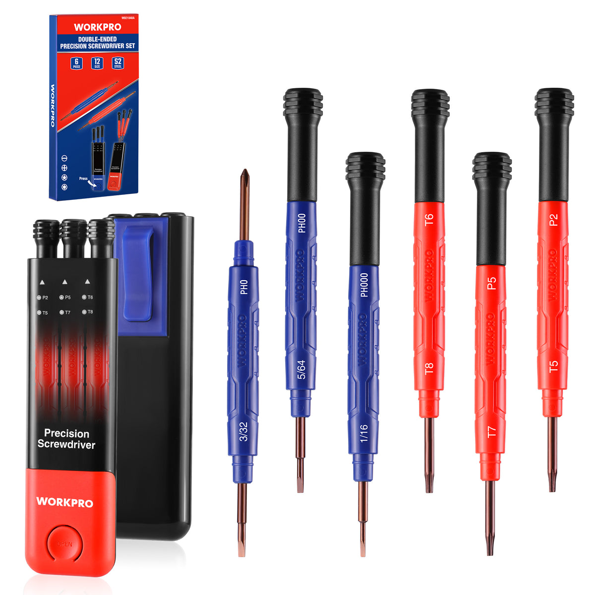 Workpro 6-piece precision screwdriver set in red and blue with storage case for small electronics repairs.