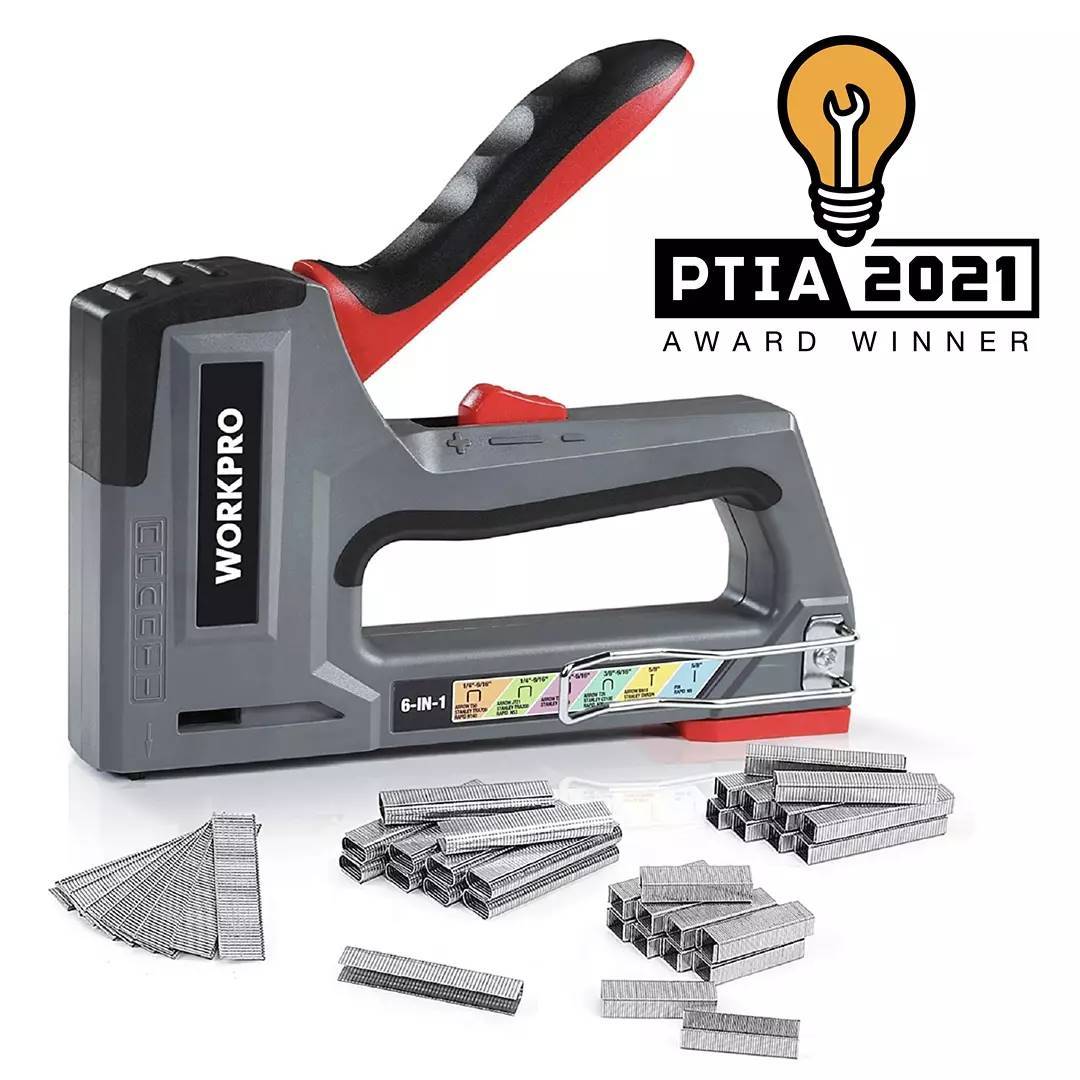Workpro 6-in-1 manual brad nailer and upholstery stapler in grey with dual power lever and assorted fasteners.