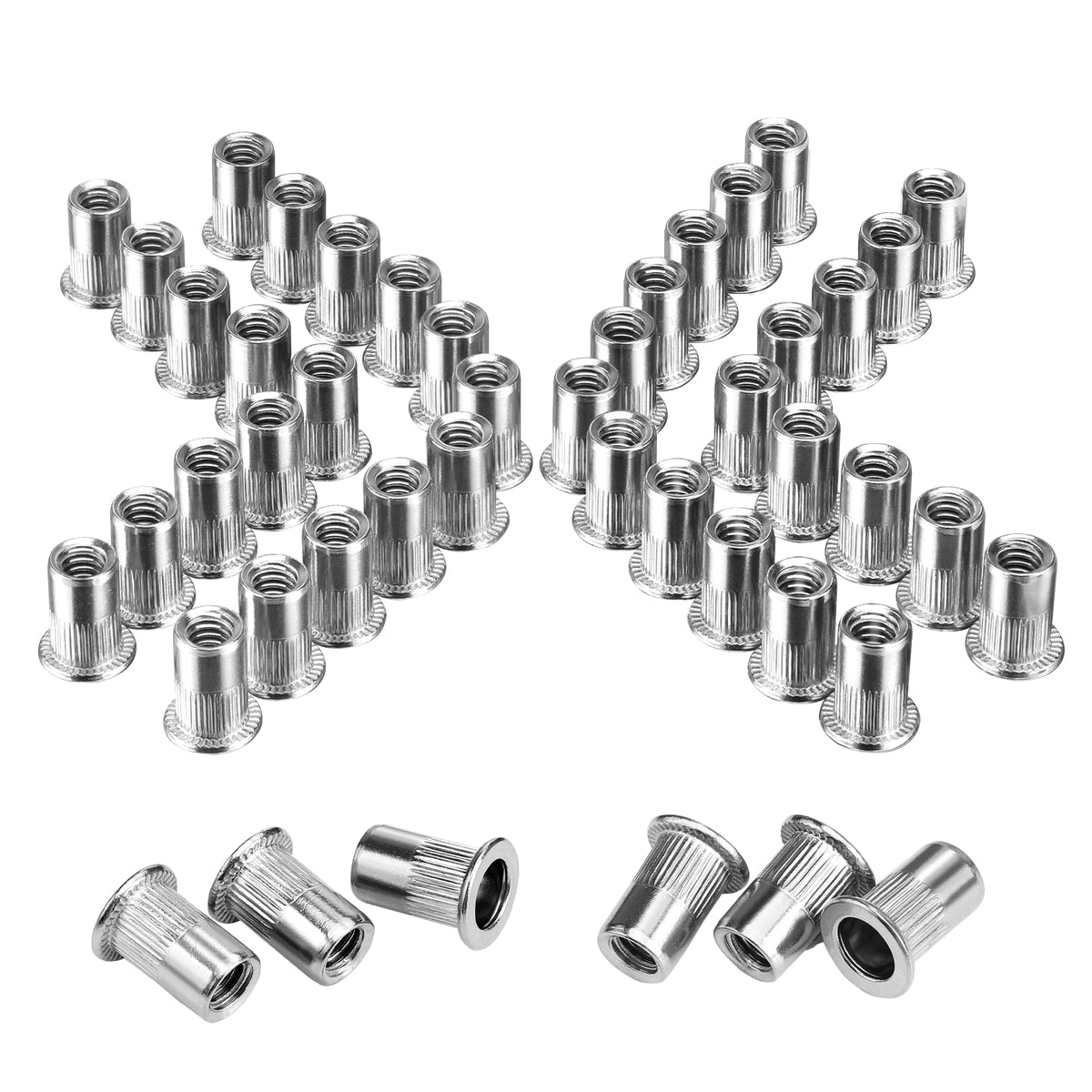 Workpro 50-piece stainless steel rivet nuts in silver with knurled bodies and flat heads for sheet metal repairs