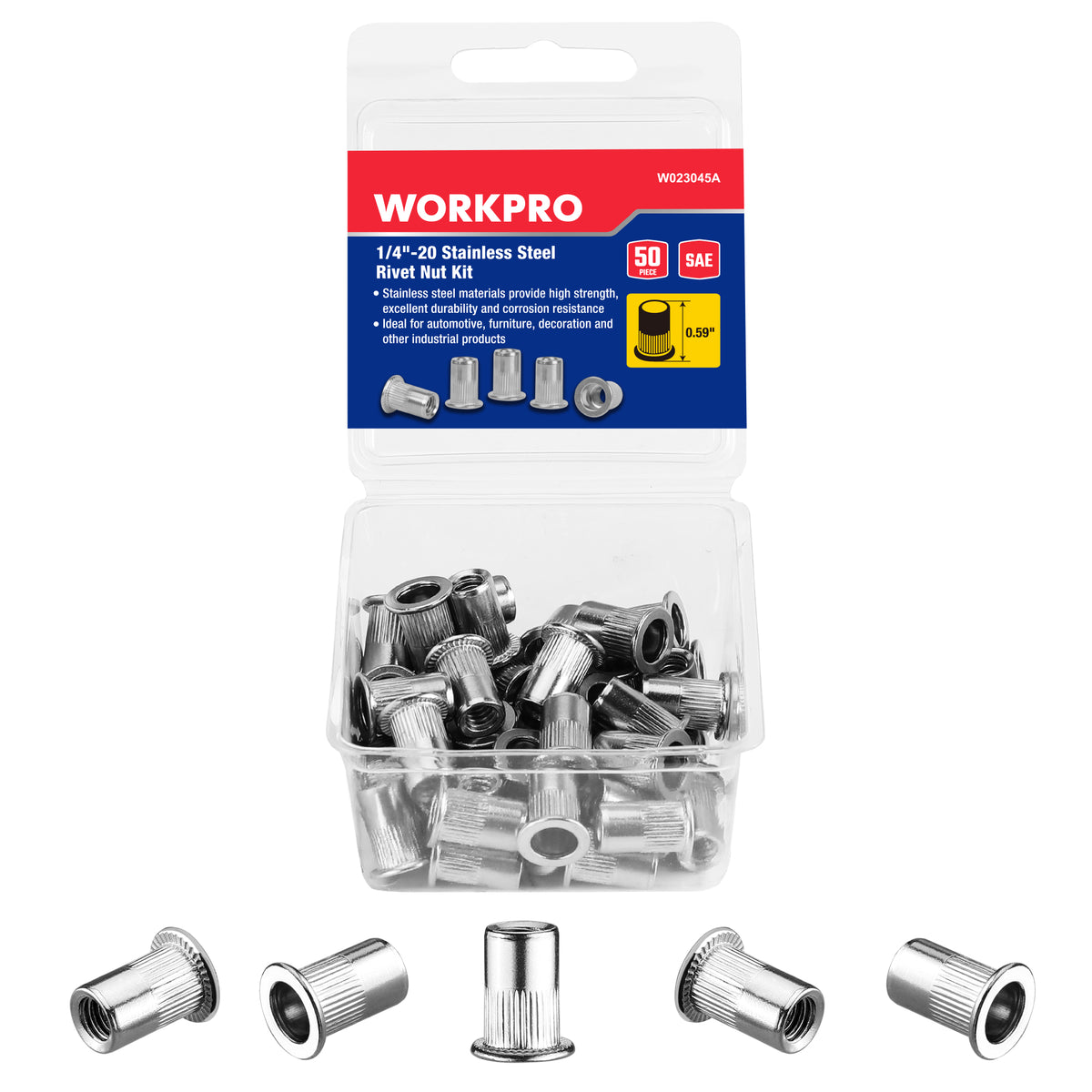 Workpro 50-piece stainless steel rivet nuts for sheet metal, vehicle, boat, and engine repairs.