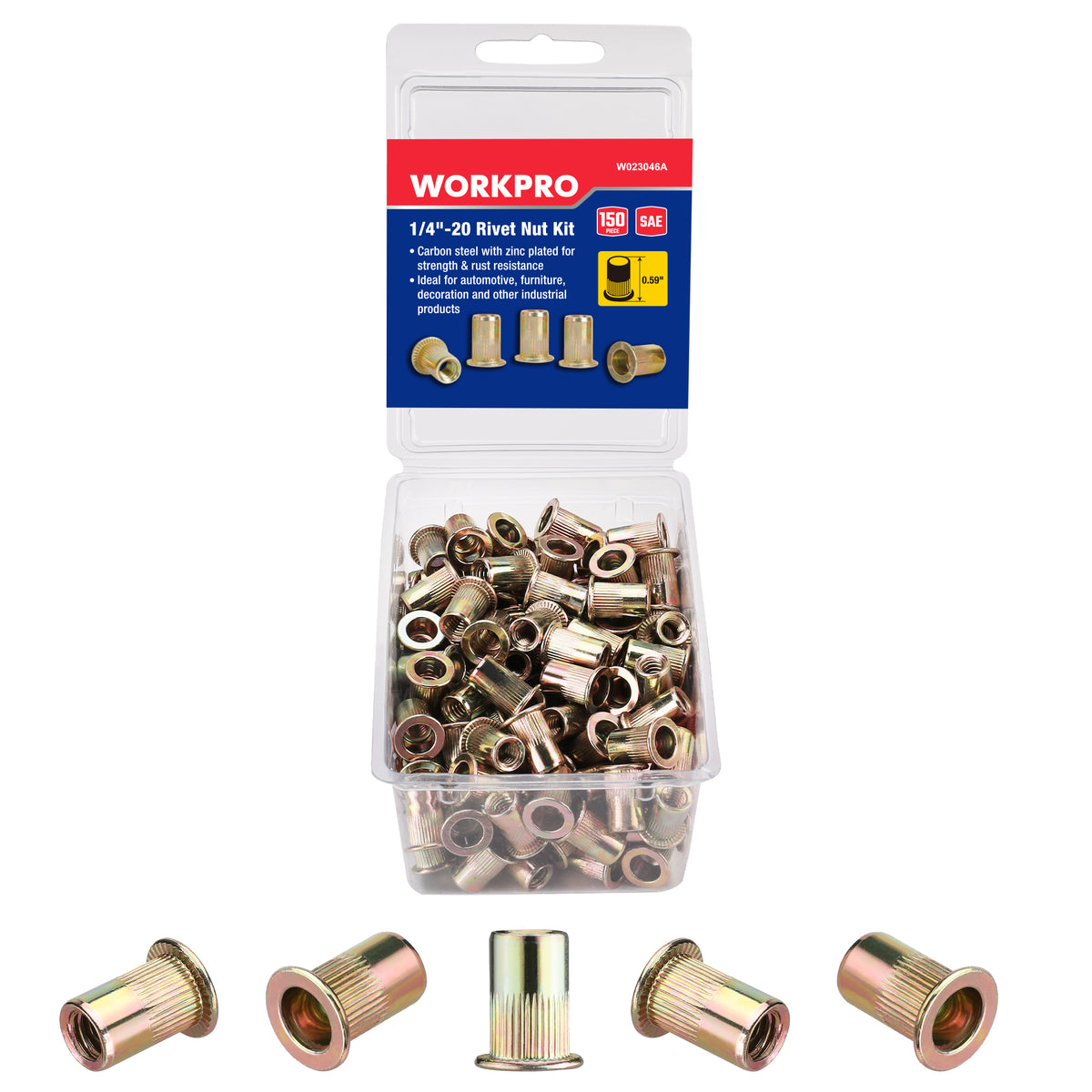 Workpro 150-piece rivet nuts in a gold-toned finish for fastening sheet metal, steel, aluminum, plastic, and fiberglass.