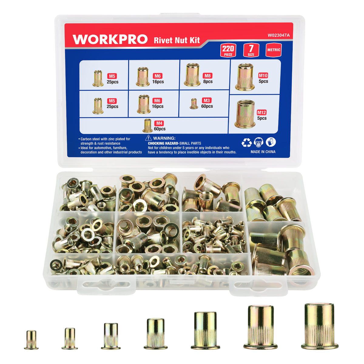 Workpro 220-piece metric rivet nuts in a transparent storage case with organized compartments displaying assorted inserts