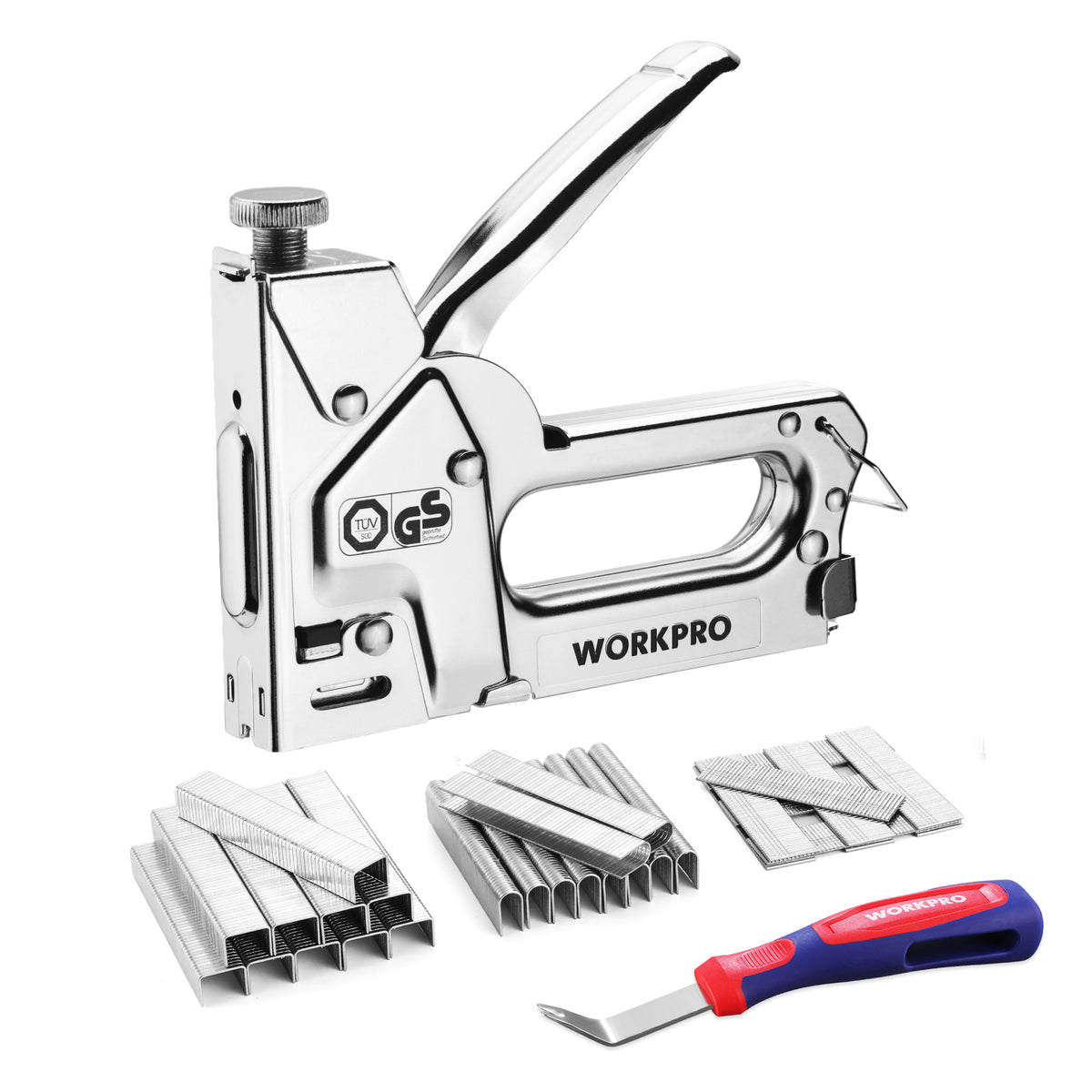 Workpro 3-in-1 heavy duty upholstery staple gun in silver with a polished metal handle and staple strips