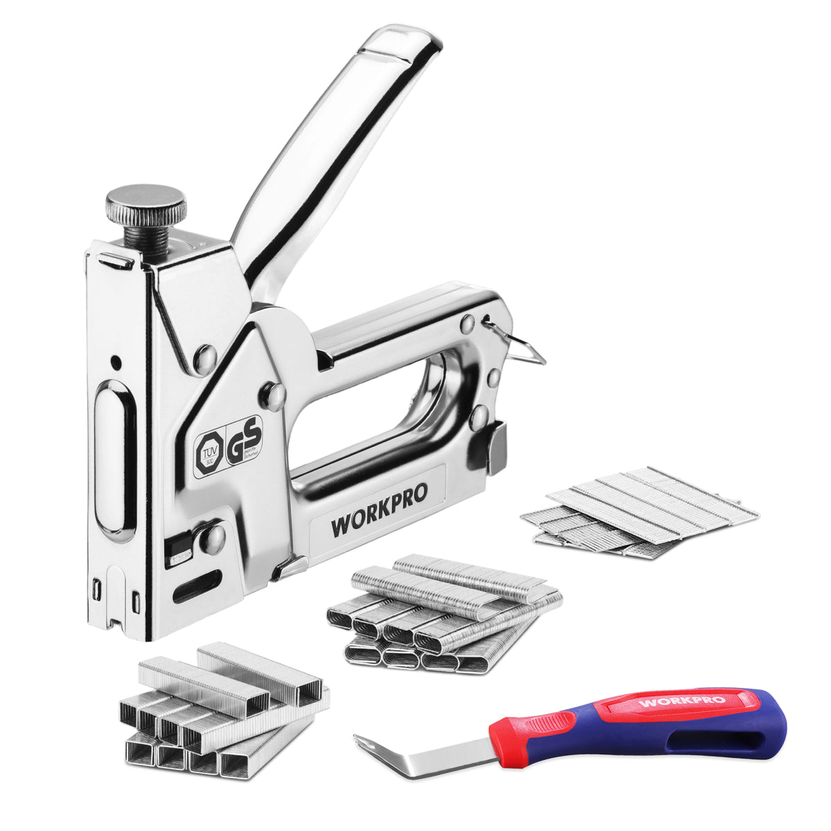 Workpro 3-in-1 heavy duty upholstery staple gun in silver with a metal body and loose staples beside it