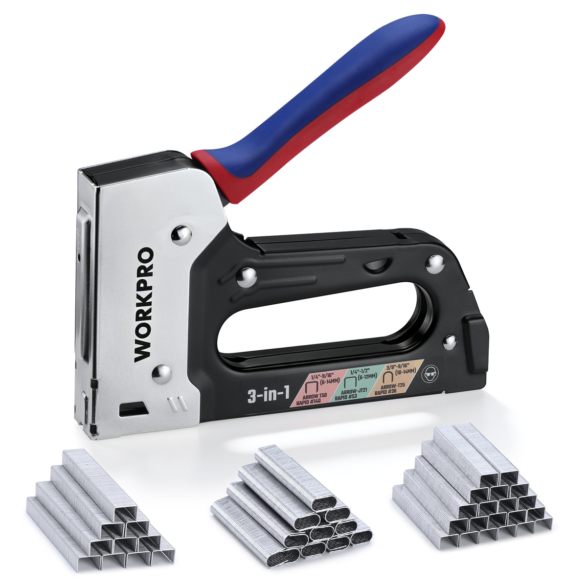 Workpro 3-in-1 heavy duty staple gun with blue and red handle, silver front and 3,000 included staples