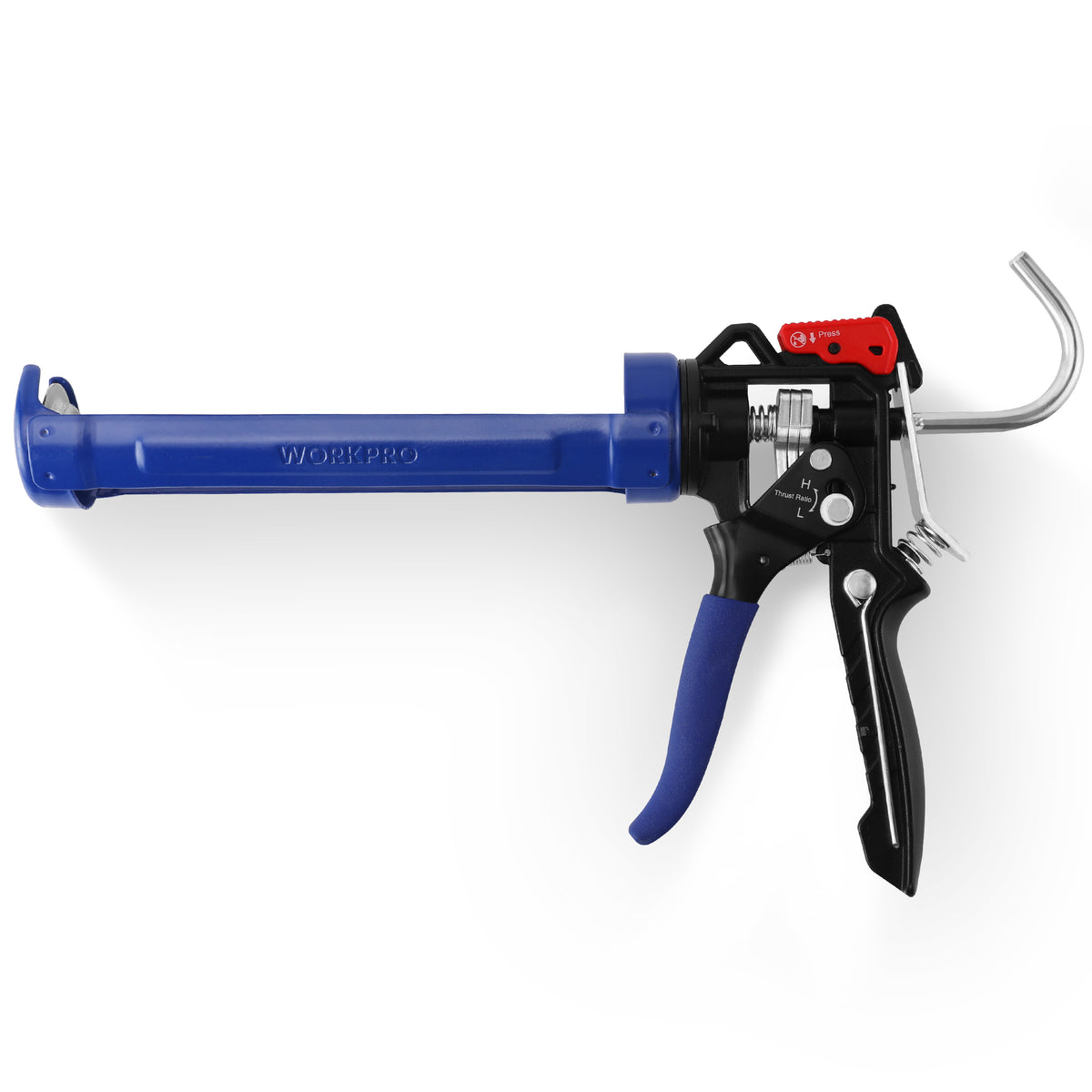 Workpro adjustable thrust ratio caulking gun for standard caulk tubes in blue and black with switchable 18:1 and 9:1 ratios