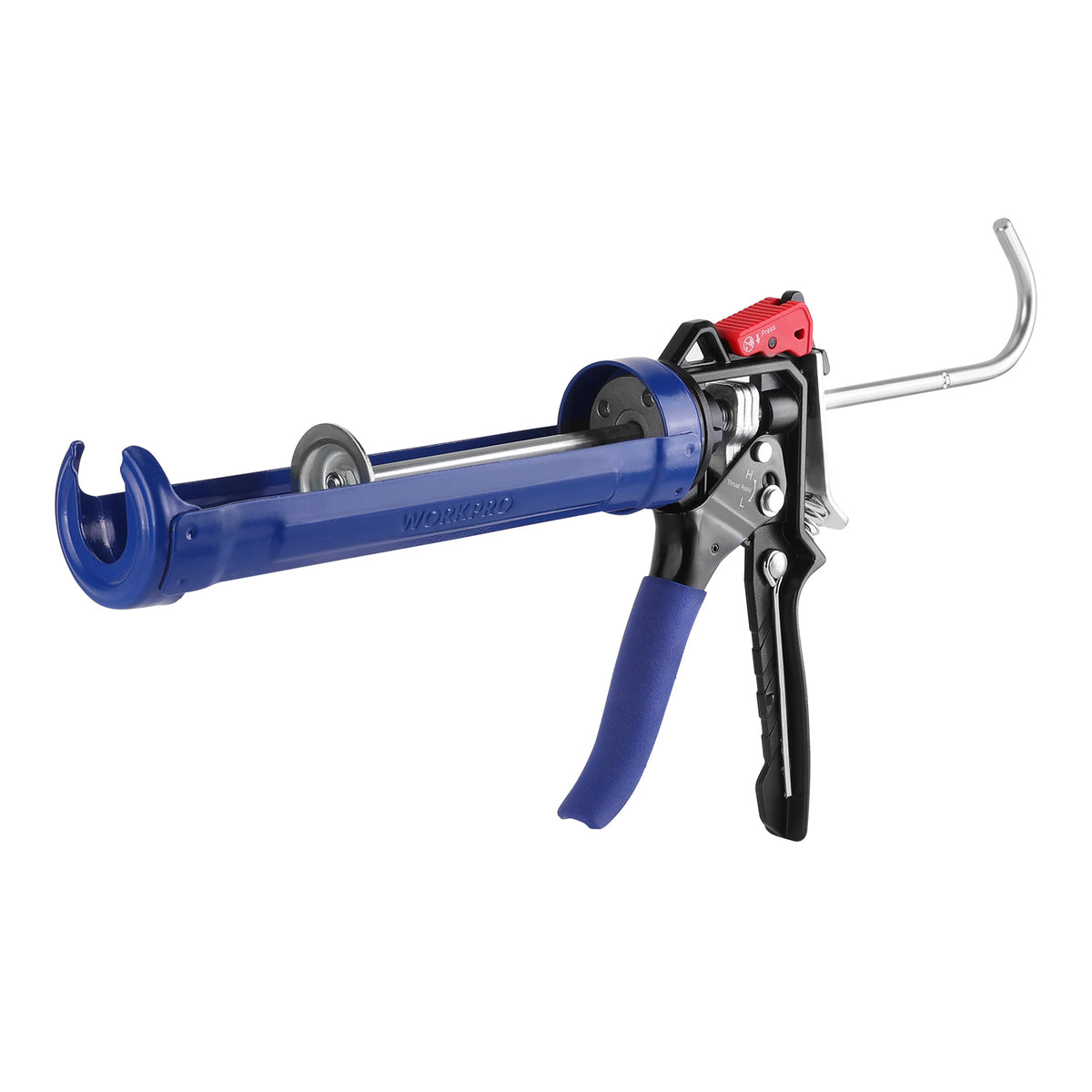 Workpro adjustable thrust ratio caulking gun in blue with an ergonomic plastic handle and trigger for sealant application.