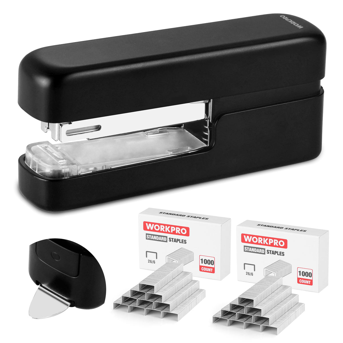 Workpro 2-in-1 stapler with staples and staple remover in black, featuring a metal throat and clear base.