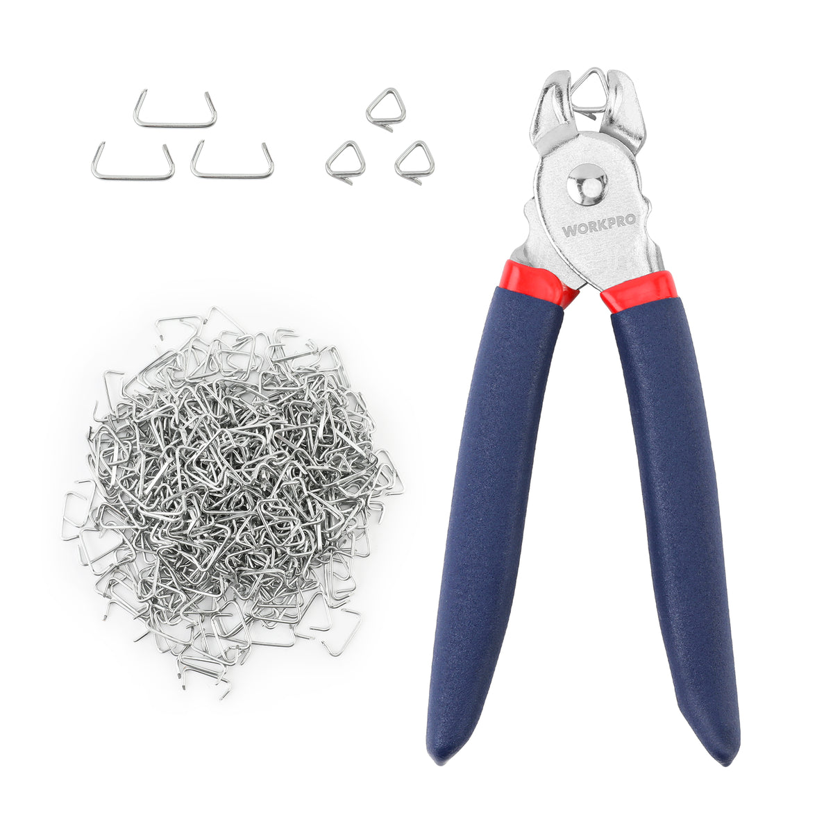 Workpro hog ring pliers with blue handles, spring loaded jaw and one hand operation for fencing work