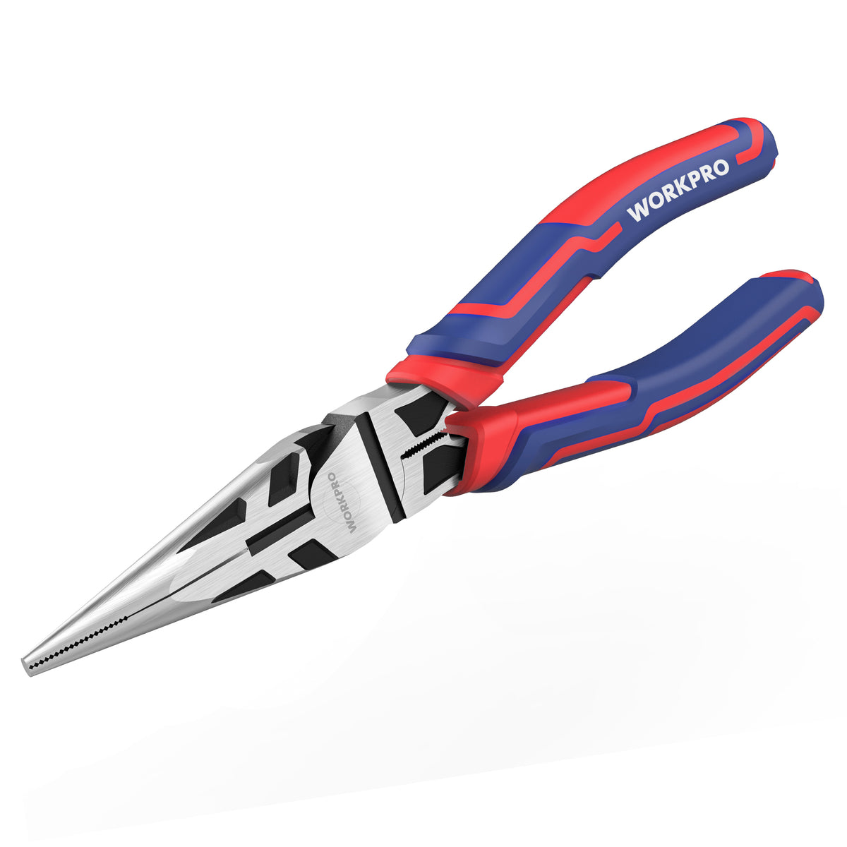 WORKPRO Premium 6 inch needle nose pliers in red and blue with soft TPR ergonomic grip, durable quality