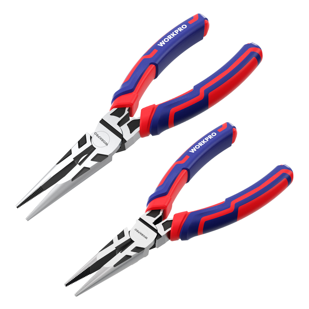 WORKPRO Premium 6 inch and 8 inch needle nose pliers in blue and red with soft TPR ergonomic grip