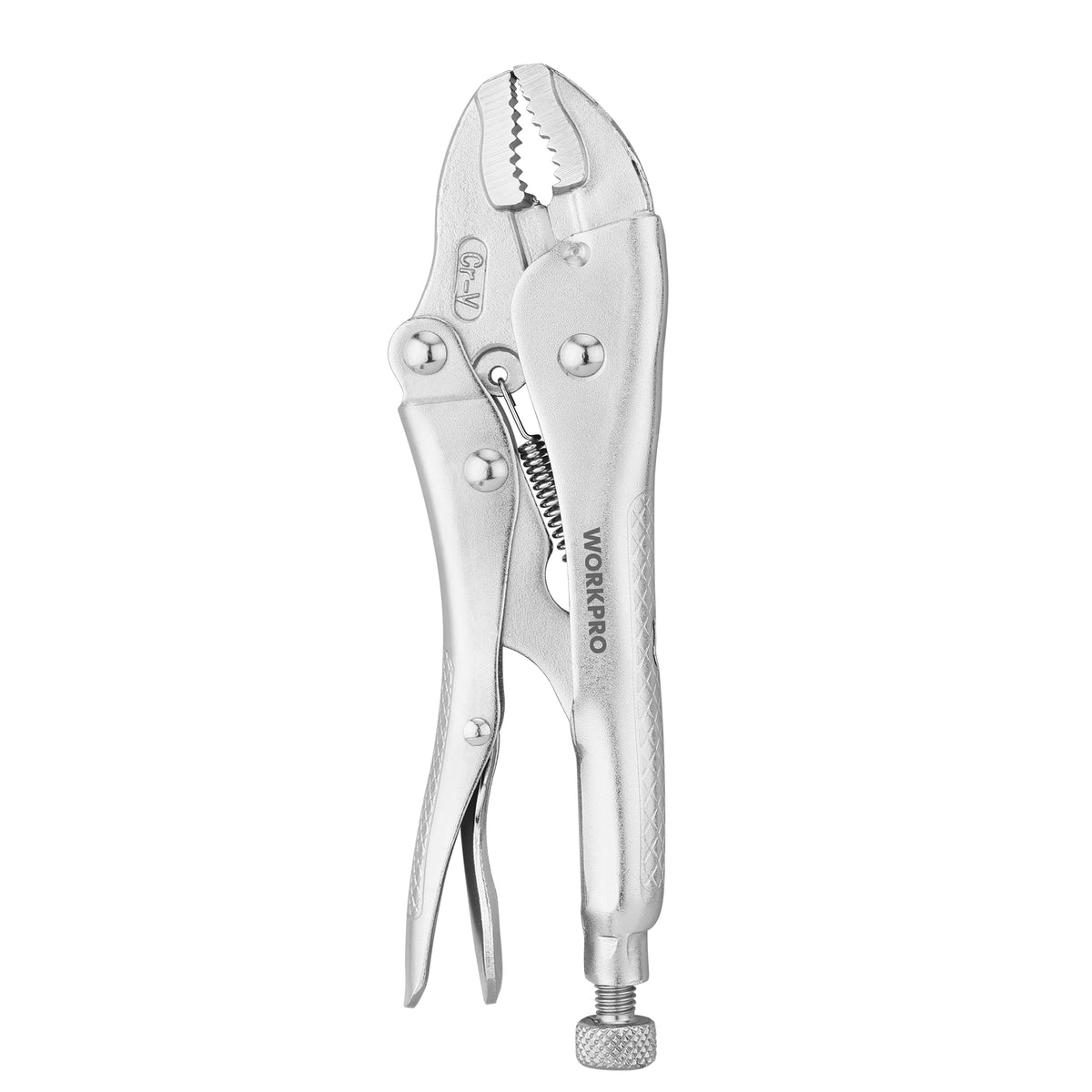 Workpro locking pliers with 7 inch curved jaw in silver, featuring an adjustable screw for secure clamping