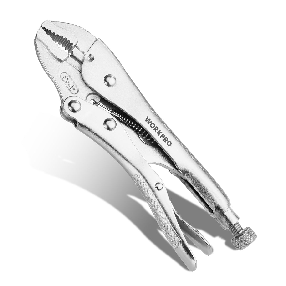 Workpro locking pliers with a 7 inch curved jaw, silver finish, and chromium-vanadium steel construction.