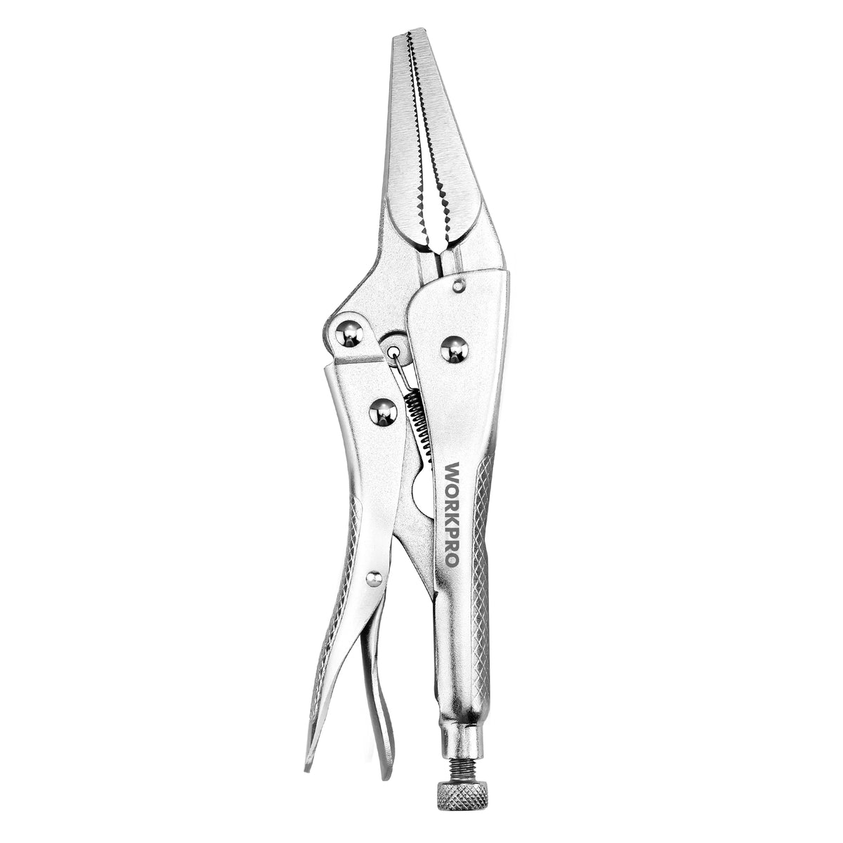 Workpro 4-1/2 inch mini long nose locking pliers in silver with textured adjustment screw and curved handles for controlled